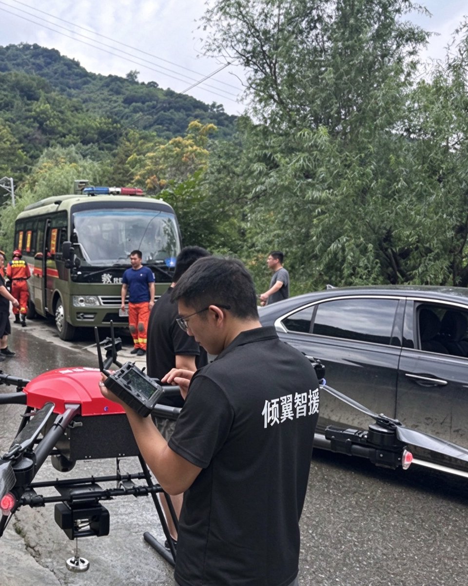 倾翼智援团队在洪涝灾害现场操作无人机